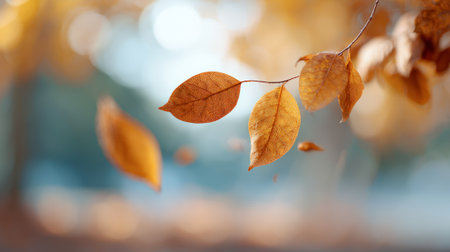Golden brown autumn leaves gracefully detach from a tree branch, falling against a softly blurred background, evoking the tranquility and beauty of the fall seasonの素材
