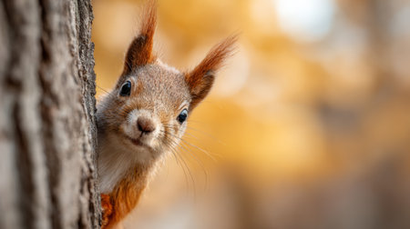 Red squirrel peeking from behind a tree trunk in a forest during the fall season, creating a charming autumnal scene with warm, blurred backgroundの素材