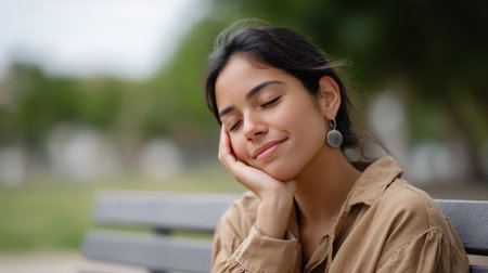 Young woman with eyes closed and a soft smile rests her head on her hand while sitting on a park bench, enjoying a peaceful, contented moment outdoorsの素材
