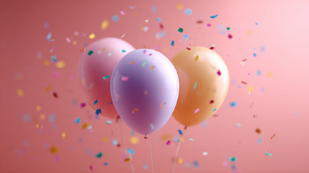 Pastel pink, lavender and yellow balloons float amid a shower of colorful confetti on a soft pink background, creating a bright, airy and playful celebration sceneの素材