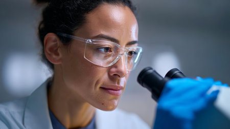 Female scientist wearing safety glasses and blue gloves, looking intently into a microscope eyepiece, conducting important scientific research and discovery in a modern laboratory settingの素材
