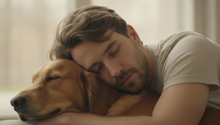 Man and his golden retriever are happily sleeping together, cuddling and sharing a peaceful moment, highlighting the strong bond and affection between humans and petsの素材