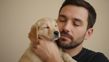 Young adult man gently holding a cute golden retriever puppy close to his face, both having their eyes closed, conveying deep affection and a strong bond between human and petの素材
