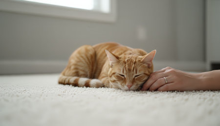 Ginger tabby cat resting on a white carpet, peacefully enjoying a gentle human hands affection cozy indoor bond between pet and owner, calm and content companionshipの素材