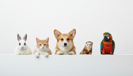Five different domestic animals, including a rabbit, cat, corgi dog, ferret, and parrot, standing in a line and looking directly at the camera over a white surface with copy spaceの素材
