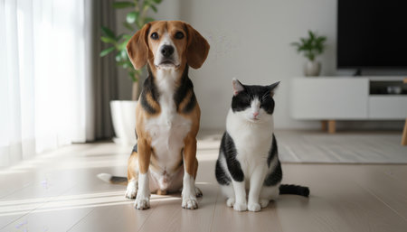 Dog and cat sitting side by side on a wooden floor in a warmly lit living room, portraying companionship, domestic life, and the bond between different pet species at homeの素材