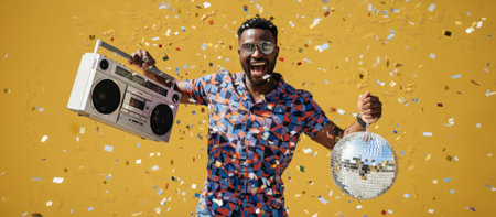 Enthusiastic young black man enjoying a retro party, celebrating with a classic boombox and shiny disco ball against a vibrant yellow background with falling confettiの素材