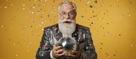 Senior man wearing a sequin jacket and round glasses holding a disco ball, surrounded by colorful confetti falling against a vibrant yellow background, celebrating with excitementの素材