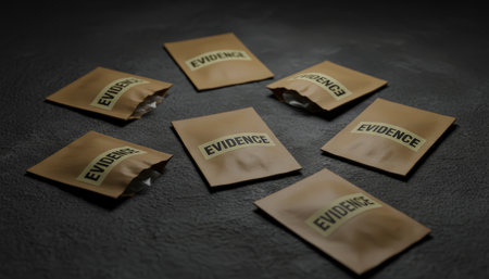 Multiple brown evidence bags with evidence labels are spread across a dark, textured surface, representing criminal forensic investigation and justiceの素材
