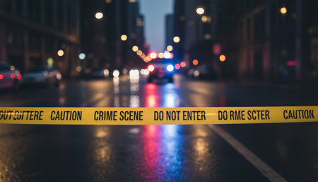 Yellow caution tape with crime scene do not enter text blocking an urban street at night, with blurred police lights and city traffic visible in the background, signifying an active investigationの素材