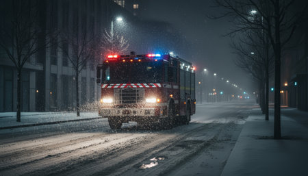 Fire truck with flashing red and blue lights races down snow covered city street at night during a winter storm, reflecting on wet asphalt as crew rush to an urgent rescueの素材
