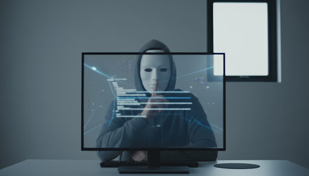 Hooded masked figure shushing while a transparent monitor shows complex code and ui elements, conveying cybercrime, hacking, anonymity, and cybersecurity threat vs. Protectionの素材