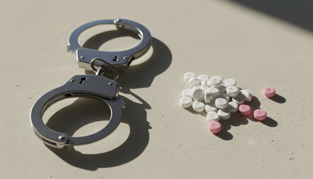 Handcuffs alongside a scattered pile of white and pink pills, illustrating themes of drug trafficking, addiction, law enforcement, and illegal substance abuse consequencesの素材