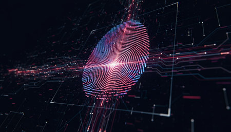 Digital fingerprint hologram over circuit lines symbolizing biometric security and identity verification, protecting sensitive data on networks against cybercrime and unauthorized accessの素材