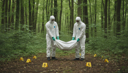 Forensic investigators in protective suits and gloves carefully removing a deceased body wrapped in a sheet from a marked forest crime scene during an active investigationの素材