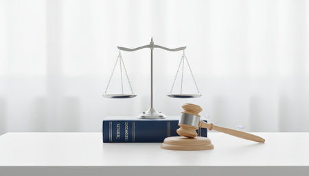 Justice scales balancing on a legal book with a judges gavel beside it, symbolizing legal judgment, fair trials, law enforcement, and the pursuit of truth in the court system and judiciaryの素材