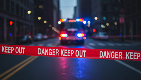 Red police tape reading danger keep out cordons off an urban street at night with blurred flashing police lights in the background, signaling a secured crime sceneの素材