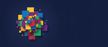 Abstract colorful squares of varying sizes assembling and spreading on a dark blue background, forming a dynamic and modern visual representation of data organization or a digital conceptの素材