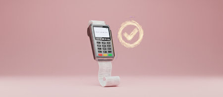 Point of sale terminal with a long receipt scrolling down and a golden checked circle indicating a successful transaction, depicting modern retail checkout and online shopping paymentの素材