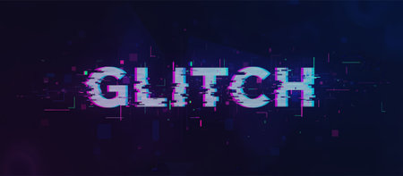 Glitch text appearing with a strong digital disruption, displaying data corruption and technical issues against a dark background with abstract geometric lines and shapesの素材