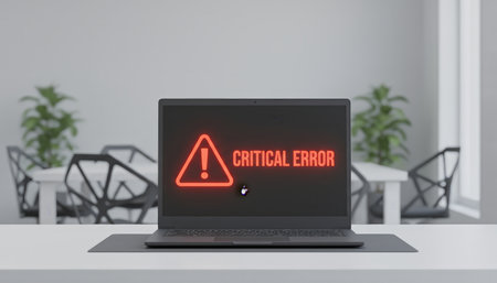 Laptop showing a red critical error warning message with an exclamation mark on its screen, symbolizing a system crash, software bug, or technical issue in a modern office environmentの素材