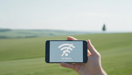 Person holding a smartphone displaying a no signal, no internet connection message, highlighting a common technical issue and the challenge of connectivity in remote, rural landscapesの素材