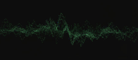 Digital data wave displaying abstract green sound frequencies, creating visual static and error distortion, representing a technical issue or system failure conceptの素材