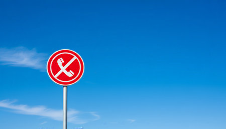 No phone calls sign against a vivid blue sky, red circle and cross out symbol signaling mobile phone ban, communication restriction, quiet zone or technical outageの素材
