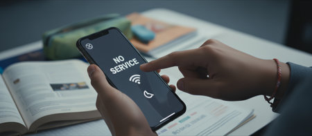 Student hands holding smartphone showing no service with wi fi and mobile data icons, conveying network outage, connectivity issues and frustration while trying to access internetの素材