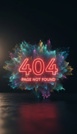 Glowing neon 404 page not found message appearing amid a vibrant, colorful smoke explosion, representing website errors, technical issues, and internet failures on a digital screenの素材