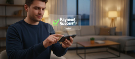 Young man using a mobile phone, completing a successful online payment transaction with a futuristic payment successful augmented reality interface, shopping conveniently from homeの素材