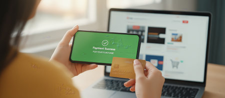 Woman holds smartphone showing payment success and a credit card while using a laptop at home, illustrating secure, cashless online shopping and successful digital purchase transactionの素材