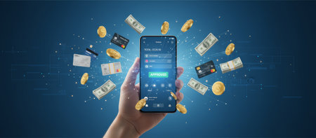Hand holding a mobile phone displaying an approved digital transaction with money, credit cards, and coins exploding outwards, representing secure, fast digital payment and online shoppingの素材