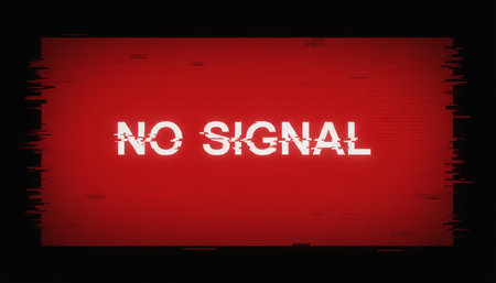 Red screen with bold no signal message and heavy digital glitch effects, conveying broadcast failure, broken connection, static interference and vintage vhs distortionの素材