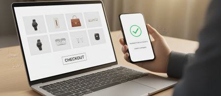 Person completing an online purchase from a website displaying various consumer goods on a laptop screen, holding a smartphone showing a successful transaction confirmationの素材