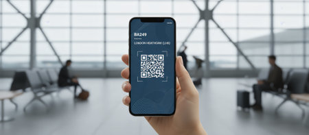 Hand holding a modern smartphone screen showing an airline boarding pass with a qr code for a flight to london heathrow, set against a blurred background of an airport terminal with passengersの素材