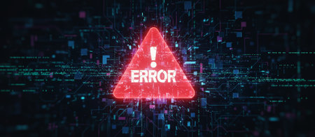 Red warning triangle with error text and exclamation point illuminating on a dark background. Representing system failure. Technical issues. And cybersecurity threats within a complex digital networkの素材