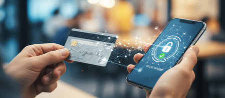 Person holding a credit card and smartphone with a secure payment interface, connecting virtual data lines for a safe and protected e commerce transaction experienceの素材