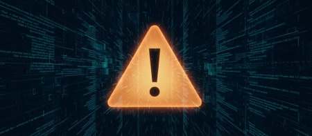 Large glowing orange warning symbol with exclamation mark hovers over dark digital background of blue code and data streams, evoking critical system alerts and cyber threatsの素材