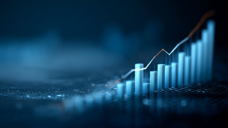 Bar chart displaying an upward trend line on a digital grid, symbolizing financial growth, data analysis, and success in investment and global business marketsの素材