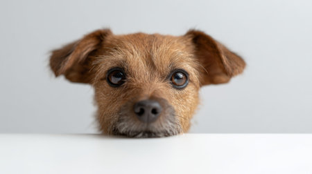Curious brown terrier mix dog with expressive eyes peeking over a white surface, looking directly at the camera against a neutral background, conveying anticipation and playfulnessの素材
