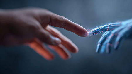 Finger touching robotic digit, electric sparks bridging human and machine, representing emerging technological connection between organic intelligence and aiの素材