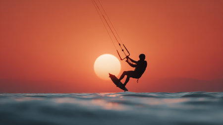 Silhouette of kitesurfer riding waves at sunset, creating a dramatic and vibrant scene with the setting sun as backdrop, showcasing the beauty and thrill of watersportsの素材
