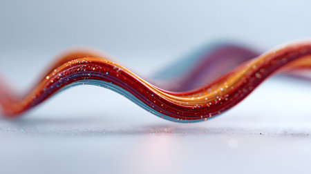 Abstract wavy colorful lines creating a dynamic flow with red, orange, and blue hues, detailed with glittering particles on a light background, representing movement and digital technologyの素材