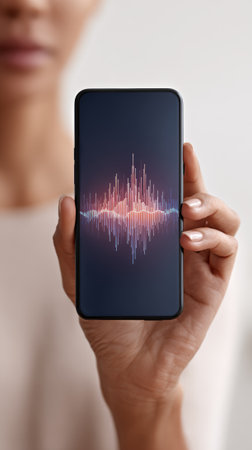 Holding sleek smartphone with vibrant ai generated soundwave visualization, representing cutting edge digital audio technology and graphic design innovationの素材