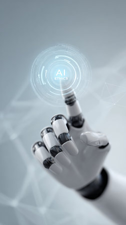 Metallic robotic hand interacting with holographic digital interface, highlighting complex interactions between artificial intelligence and ethical decision making processesの素材