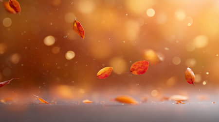 Beautiful, vibrant autumn leaves gently falling against a blurred background with bokeh effect, creating a warm, inviting, and festive atmosphere perfect for autumn themed designsの素材