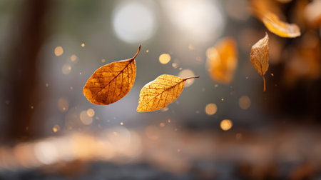 Golden autumn leaves falling gracefully against a blurred background with sparkling bokeh, creating a magical and serene autumnal atmosphereの素材