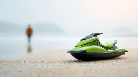 Bright green jet ski resting on sandy beach, inviting exhilarating watersports adventure, with blurred figure enjoying tranquil ocean view in the backgroundの素材