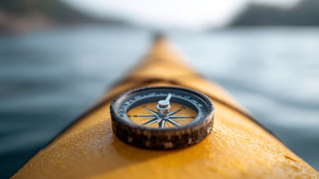 Yellow kayak deck featuring magnetic compass, supporting precise navigation during maritime expedition, guiding paddler through oceanic waters with reliable directional referenceの素材